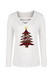 White Casual Christmas Tree Printed Hollowed Out V Neck Tops