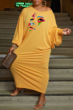 Yellow Casual Print Patchwork O Neck Long Sleeve Dresses