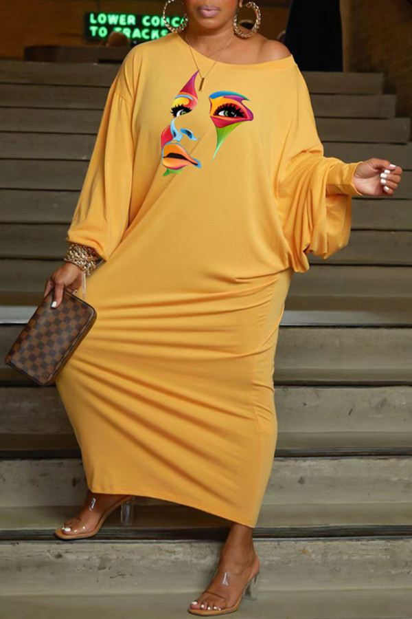 Yellow Casual Print Patchwork O Neck Long Sleeve Dresses