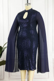 Navy Blue Elegant Solid Hollowed Out Sequins Patchwork Half A Turtleneck One Step Skirt Dresses