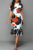 White Casual Print Patchwork O Neck Short Sleeve Dress Dresses