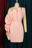 Pink Elegant Solid Patchwork Flounce Fold Strapless Evening Dress Dresses