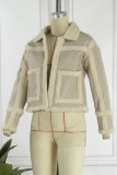 White Casual Patchwork Cardigan Turndown Collar Outerwear