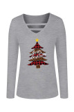 White Casual Christmas Tree Printed Hollowed Out V Neck Tops