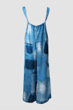 Blue Casual Print Backless Spaghetti Strap Regular Jumpsuits