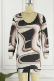 Light Brown Casual Print Patchwork V Neck Long Sleeve Dresses