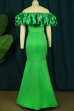 Green Elegant Solid Patchwork Fold Off the Shoulder Evening Dress Dresses