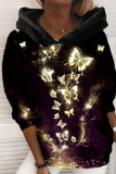 Black Casual Print Patchwork Hooded Collar Tops