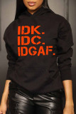 Grey Casual Letter Print Patchwork Basic Hooded Collar Tops