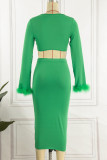 Green Sexy Solid Patchwork Frenulum V Neck Long Sleeve Two Pieces