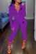 Dark Purple Casual Print Patchwork Zipper Collar Long Sleeve Two Pieces