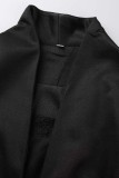 Black Casual Solid Patchwork With Belt V Neck Long Sleeve Dresses