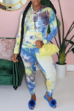 Rose Red Casual Print Tie-dye Hooded Collar Long Sleeve Two Pieces