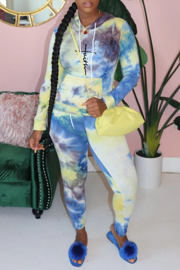 Yellow Casual Print Tie-dye Hooded Collar Long Sleeve Two Pieces