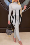 Light Gray Casual Solid Patchwork Turtleneck Long Sleeve Two Pieces