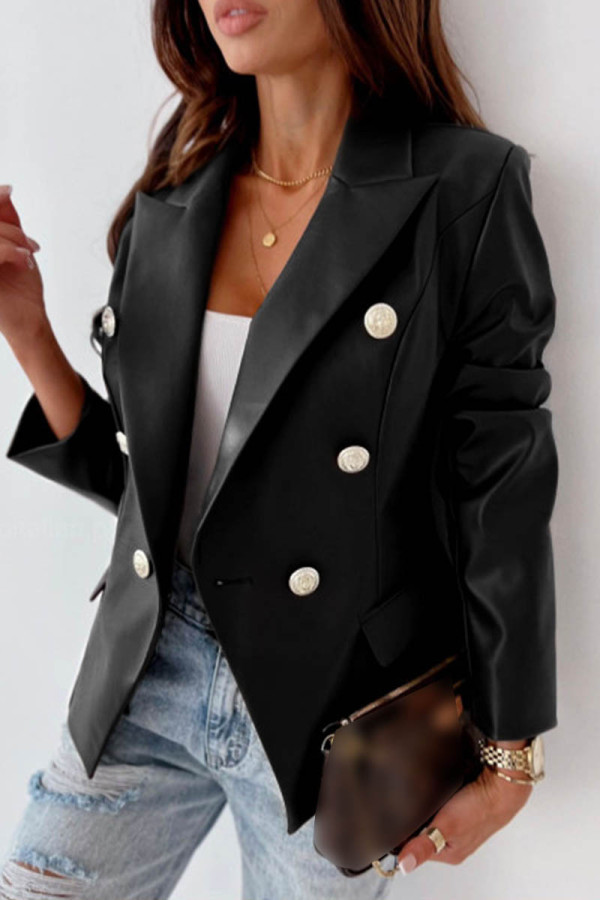 Black Casual Solid Cardigan Turn-back Collar Outerwear