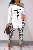 White Black Street Print Patchwork One Shoulder Long Sleeve Two Pieces