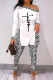 Gray White Street Print Patchwork One Shoulder Long Sleeve Two Pieces