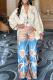 Cream White Casual Print Patchwork Turndown Collar Long Sleeve Two Pieces