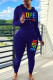 Deep Blue Casual Print Patchwork Hooded Collar Long Sleeve Two Pieces