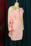 Pink Elegant Solid Patchwork Flounce Fold Strapless Evening Dress Dresses
