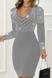 Black Casual Solid Patchwork Hot Drill V Neck Long Sleeve Dresses
