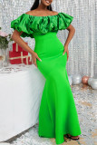 Green Elegant Solid Patchwork Fold Off the Shoulder Evening Dress Dresses