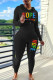 Black Casual Print Patchwork Hooded Collar Long Sleeve Two Pieces