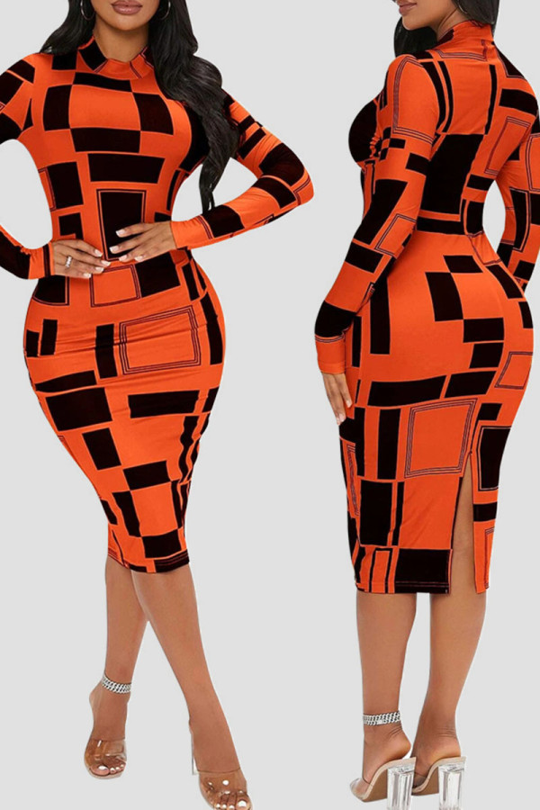 Orange Casual Elegant Print Patchwork O Neck One Step Skirt Dresses