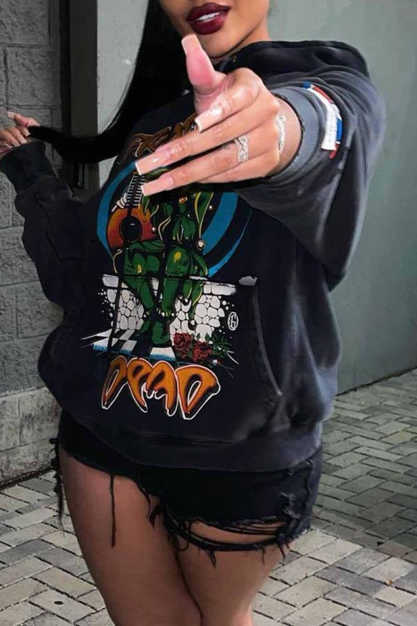Black Street Print Letter Hooded Collar Tops