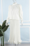 White Casual Solid Patchwork Flounce Fold Half A Turtleneck Long Sleeve Two Pieces