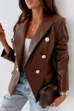 Coffee Casual Solid Cardigan Turn-back Collar Outerwear