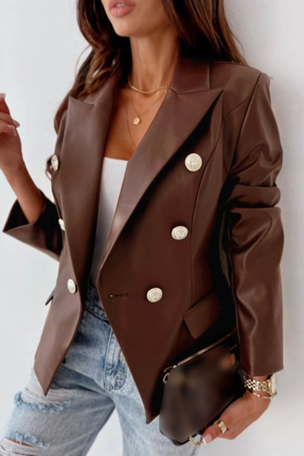 Coffee Casual Solid Cardigan Turn-back Collar Outerwear