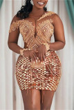 Gold Sexy Formal Patchwork See-through O Neck Long Sleeve Dresses