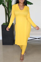 Yellow Casual Solid Slit Turndown Collar Long Sleeve Two Pieces