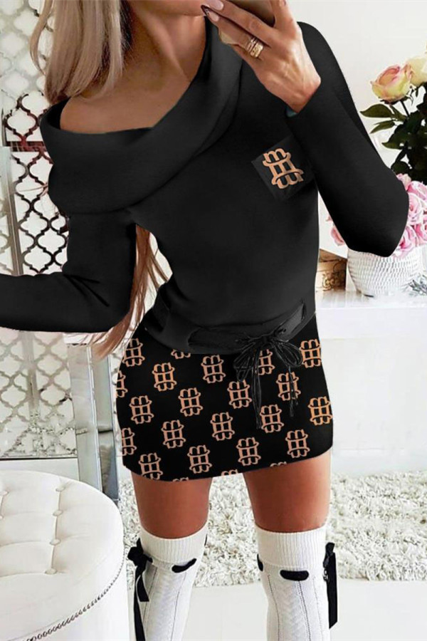 Black Casual Print Patchwork O Neck Long Sleeve Dresses