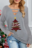 White Casual Christmas Tree Printed Hollowed Out V Neck Tops