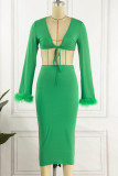 Green Sexy Solid Patchwork Frenulum V Neck Long Sleeve Two Pieces
