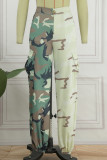 Green Casual Camouflage Print Patchwork Regular High Waist Trousers