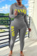 Grey Casual Letter Print Basic Hooded Collar Long Sleeve Two Pieces