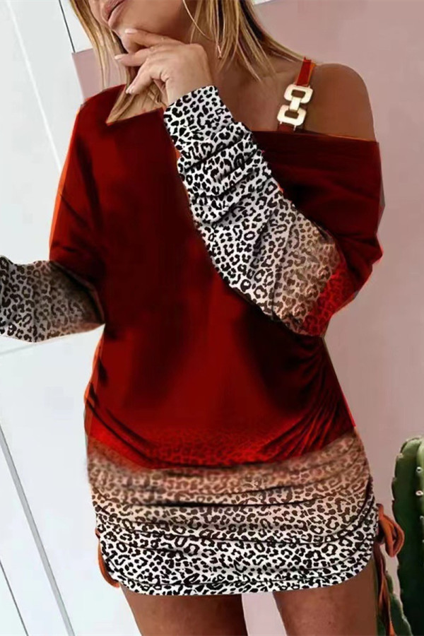 Burgundy Casual Print Lace Off the Shoulder Long Sleeve Dresses
