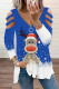 Blue Casual Print Hollowed Out Patchwork V Neck Tops