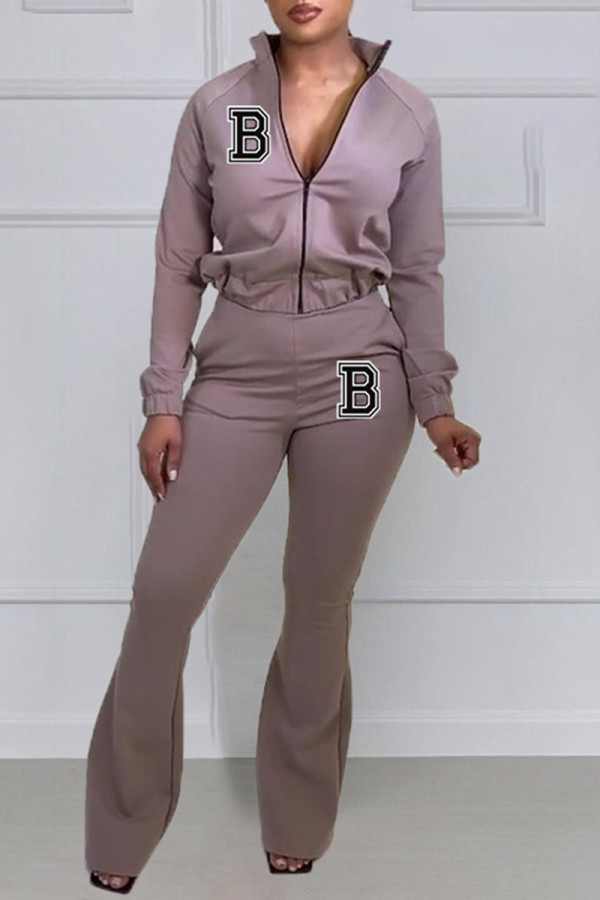 Light Purple Casual Letter Print Patchwork Zipper Collar Long Sleeve Two Pieces