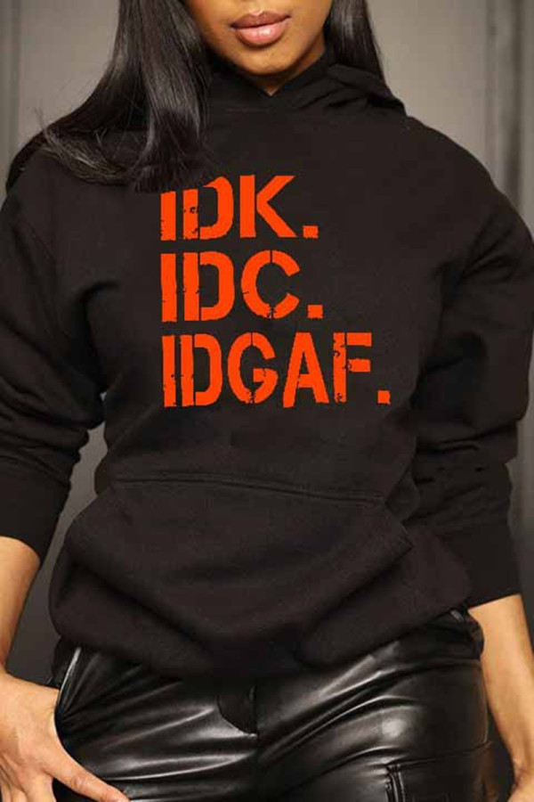 Black Orange Casual Letter Print Patchwork Basic Hooded Collar Tops
