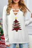White Casual Christmas Tree Printed Hollowed Out V Neck Tops