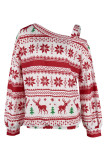 Red Casual Print Hollowed Out Oblique Collar Tops