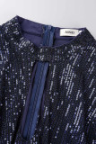 Navy Blue Elegant Solid Hollowed Out Sequins Patchwork Half A Turtleneck One Step Skirt Dresses
