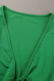 Green Sexy Solid Patchwork Frenulum V Neck Long Sleeve Two Pieces