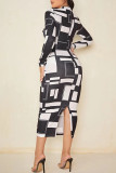 Yellow Casual Elegant Print Patchwork O Neck One Step Skirt Dresses