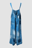 Blue Casual Print Backless Spaghetti Strap Regular Jumpsuits